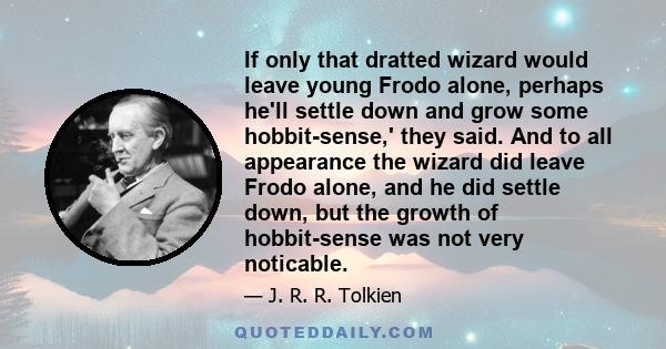 If only that dratted wizard would leave young Frodo alone, perhaps he'll settle down and grow some hobbit-sense,' they said. And to all appearance the wizard did leave Frodo alone, and he did settle down, but the growth 