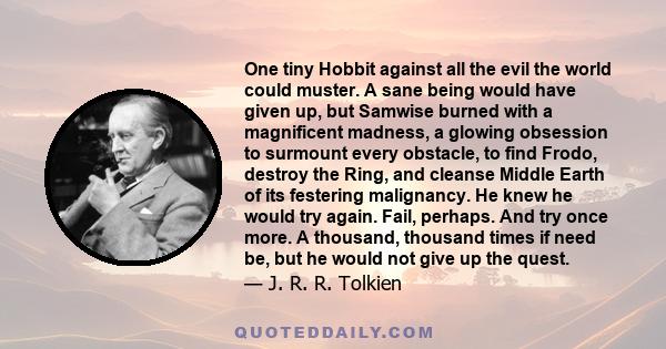 One tiny Hobbit against all the evil the world could muster. A sane being would have given up, but Samwise burned with a magnificent madness, a glowing obsession to surmount every obstacle, to find Frodo, destroy the