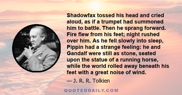 Shadowfax tossed his head and cried aloud, as if a trumpet had summoned him to battle. Then he sprang forward. Fire flew from his feet; night rushed over him. As he fell slowly into sleep, Pippin had a strange feeling: