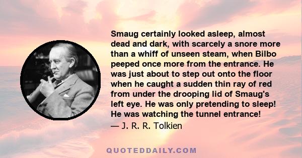 Smaug certainly looked asleep, almost dead and dark, with scarcely a snore more than a whiff of unseen steam, when Bilbo peeped once more from the entrance. He was just about to step out onto the floor when he caught a