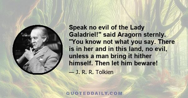 Speak no evil of the Lady Galadriel! said Aragorn sternly. You know not what you say. There is in her and in this land, no evil, unless a man bring it hither himself. Then let him beware!