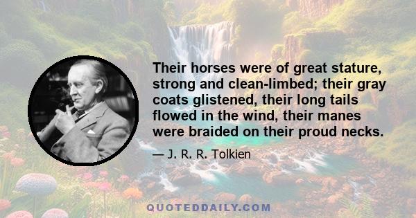 Their horses were of great stature, strong and clean-limbed; their gray coats glistened, their long tails flowed in the wind, their manes were braided on their proud necks.