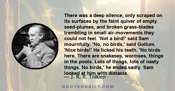 There was a deep silence, only scraped on its surfaces by the faint quiver of empty seed-plumes, and broken grass-blades trembling in small air-movements they could not feel. 'Not a bird!' said Sam mournfully. 'No, no