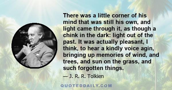 There was a little corner of his mind that was still his own, and light came through it, as though a chink in the dark: light out of the past. It was actually pleasant, I think, to hear a kindly voice agin, bringing up