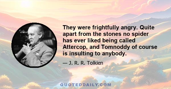 They were frightfully angry. Quite apart from the stones no spider has ever liked being called Attercop, and Tomnoddy of course is insulting to anybody.