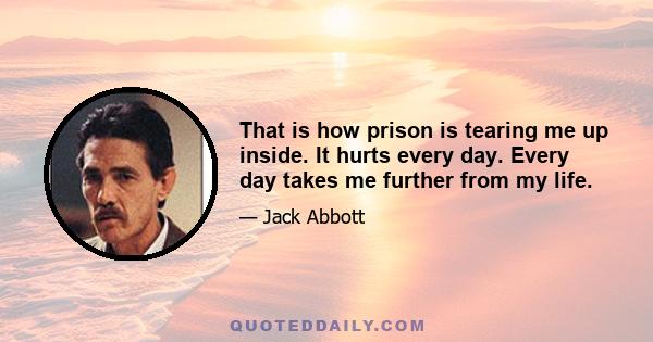 That is how prison is tearing me up inside. It hurts every day. Every day takes me further from my life.