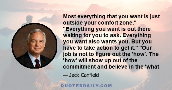 Most everything that you want is just outside your comfort zone. Everything you want is out there waiting for you to ask. Everything you want also wants you. But you have to take action to get it. Our job is not to