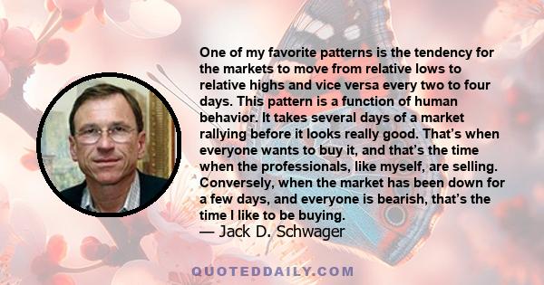 One of my favorite patterns is the tendency for the markets to move from relative lows to relative highs and vice versa every two to four days. This pattern is a function of human behavior. It takes several days of a