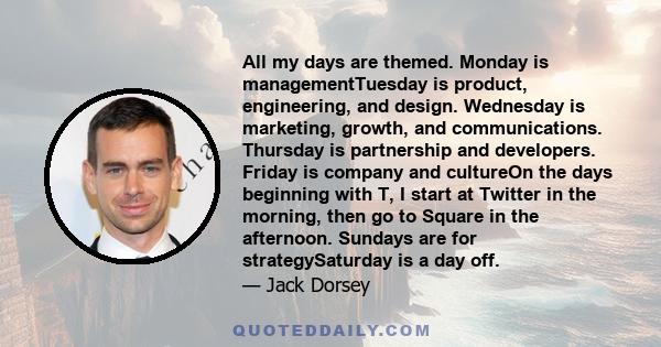 All my days are themed. Monday is managementTuesday is product, engineering, and design. Wednesday is marketing, growth, and communications. Thursday is partnership and developers. Friday is company and cultureOn the