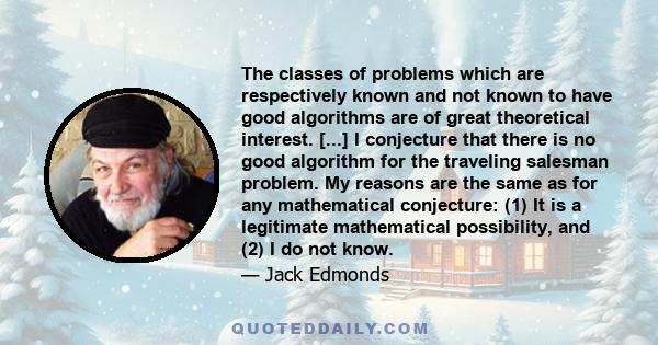 The classes of problems which are respectively known and not known to have good algorithms are of great theoretical interest. [...] I conjecture that there is no good algorithm for the traveling salesman problem. My