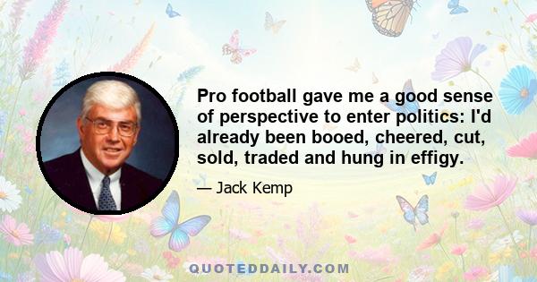 Pro football gave me a good sense of perspective to enter politics: I'd already been booed, cheered, cut, sold, traded and hung in effigy.