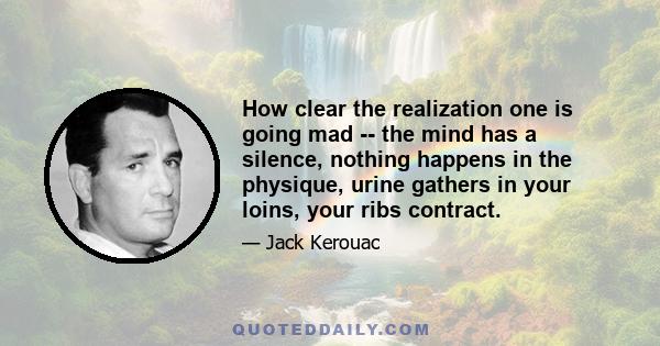 How clear the realization one is going mad -- the mind has a silence, nothing happens in the physique, urine gathers in your loins, your ribs contract.