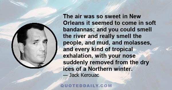 The air was so sweet in New Orleans it seemed to come in soft bandannas; and you could smell the river and really smell the people, and mud, and molasses, and every kind of tropical exhalation, with your nose suddenly