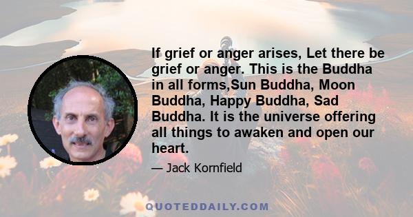 If grief or anger arises, Let there be grief or anger. This is the Buddha in all forms,Sun Buddha, Moon Buddha, Happy Buddha, Sad Buddha. It is the universe offering all things to awaken and open our heart.