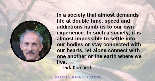 In a society that almost demands life at double time, speed and addictions numb us to our own experience. In such a society, it is almost impossible to settle into our bodies or stay connected with our hearts, let alone 