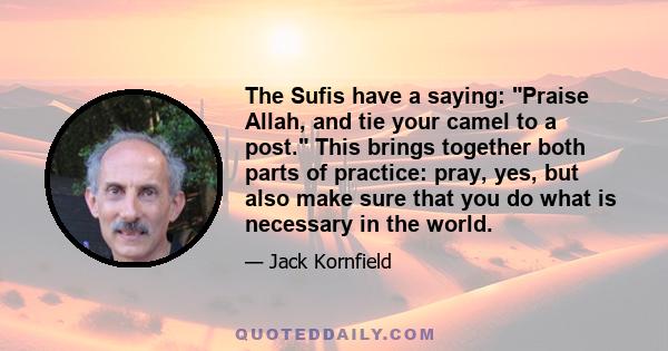 The Sufis have a saying: Praise Allah, and tie your camel to a post. This brings together both parts of practice: pray, yes, but also make sure that you do what is necessary in the world.