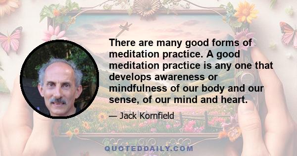 There are many good forms of meditation practice. A good meditation practice is any one that develops awareness or mindfulness of our body and our sense, of our mind and heart.