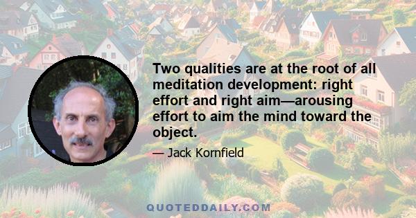 Two qualities are at the root of all meditation development: right effort and right aim—arousing effort to aim the mind toward the object.