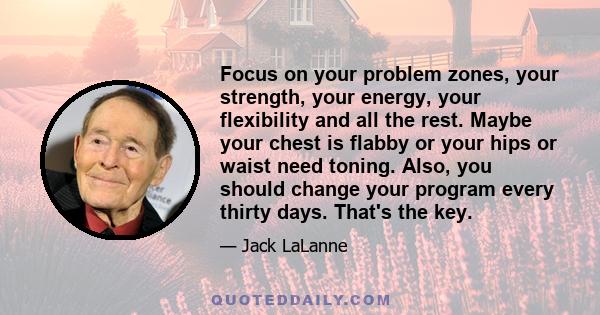 Focus on your problem zones, your strength, your energy, your flexibility and all the rest. Maybe your chest is flabby or your hips or waist need toning. Also, you should change your program every thirty days. That's