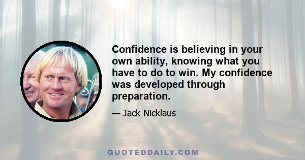 Confidence is believing in your own ability, knowing what you have to do to win. My confidence was developed through preparation.