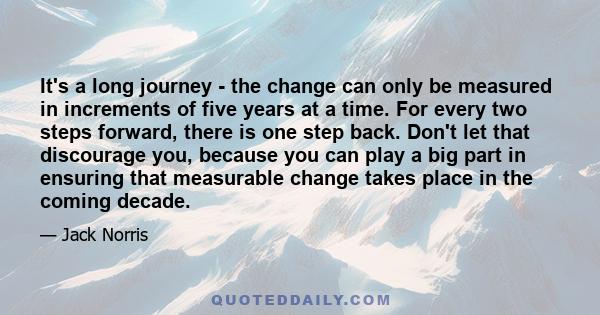 It's a long journey - the change can only be measured in increments of five years at a time. For every two steps forward, there is one step back. Don't let that discourage you, because you can play a big part in