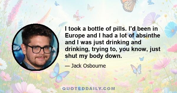 I took a bottle of pills. I'd been in Europe and I had a lot of absinthe and I was just drinking and drinking, trying to, you know, just shut my body down.