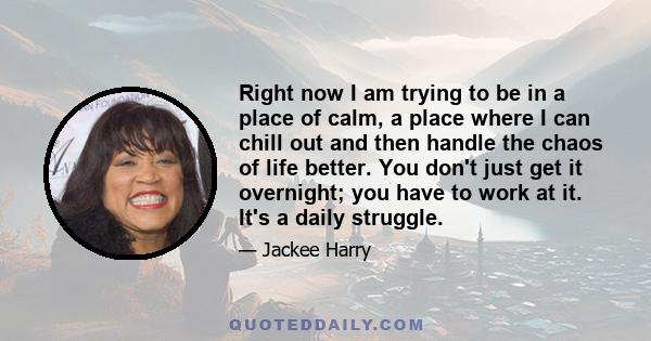 Right now I am trying to be in a place of calm, a place where I can chill out and then handle the chaos of life better. You don't just get it overnight; you have to work at it. It's a daily struggle.