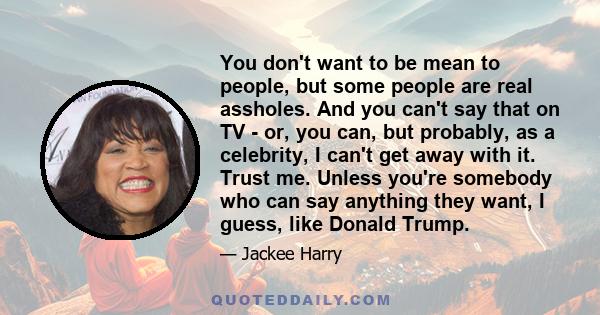 You don't want to be mean to people, but some people are real assholes. And you can't say that on TV - or, you can, but probably, as a celebrity, I can't get away with it. Trust me. Unless you're somebody who can say