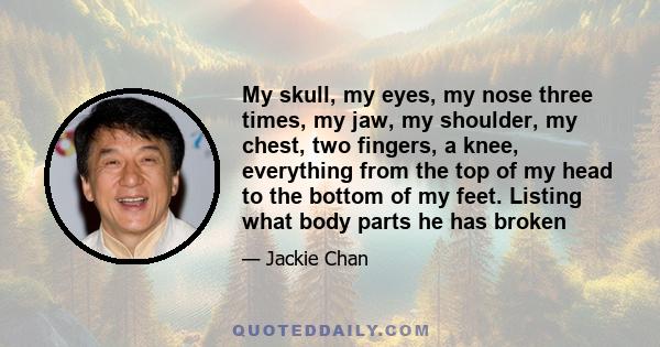 My skull, my eyes, my nose three times, my jaw, my shoulder, my chest, two fingers, a knee, everything from the top of my head to the bottom of my feet. Listing what body parts he has broken