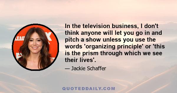 In the television business, I don't think anyone will let you go in and pitch a show unless you use the words 'organizing principle' or 'this is the prism through which we see their lives'.