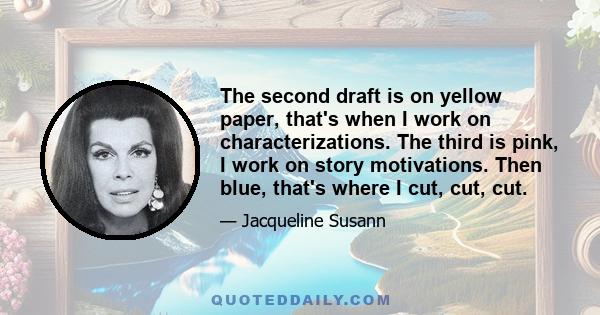 The second draft is on yellow paper, that's when I work on characterizations. The third is pink, I work on story motivations. Then blue, that's where I cut, cut, cut.