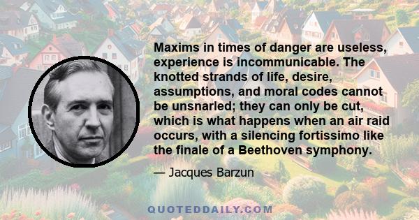 Maxims in times of danger are useless, experience is incommunicable. The knotted strands of life, desire, assumptions, and moral codes cannot be unsnarled; they can only be cut, which is what happens when an air raid