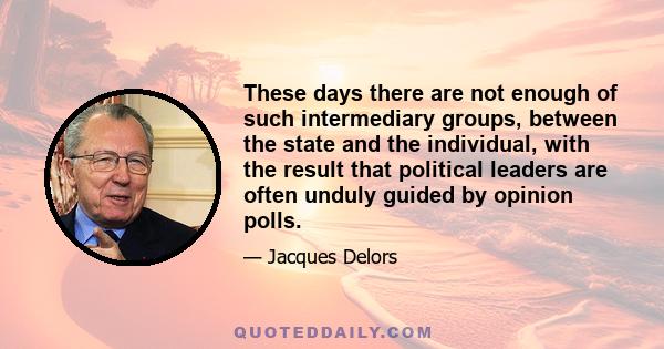 These days there are not enough of such intermediary groups, between the state and the individual, with the result that political leaders are often unduly guided by opinion polls.