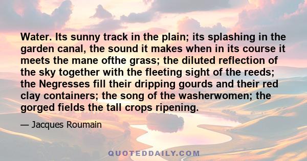 Water. Its sunny track in the plain; its splashing in the garden canal, the sound it makes when in its course it meets the mane ofthe grass; the diluted reflection of the sky together with the fleeting sight of the