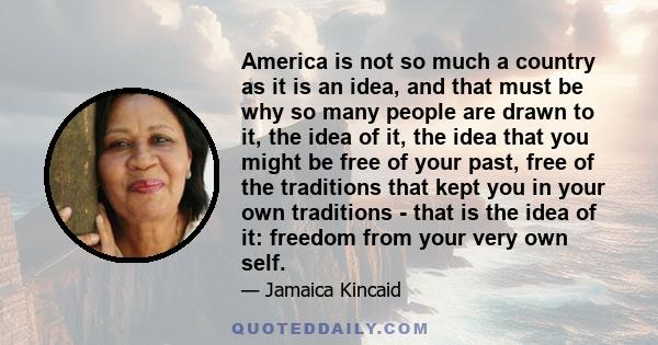 America is not so much a country as it is an idea, and that must be why so many people are drawn to it, the idea of it, the idea that you might be free of your past, free of the traditions that kept you in your own