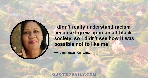 I didn't really understand racism because I grew up in an all-black society, so I didn't see how it was possible not to like me!