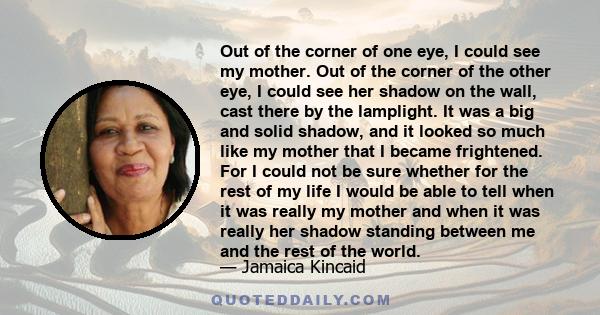 Out of the corner of one eye, I could see my mother. Out of the corner of the other eye, I could see her shadow on the wall, cast there by the lamplight. It was a big and solid shadow, and it looked so much like my