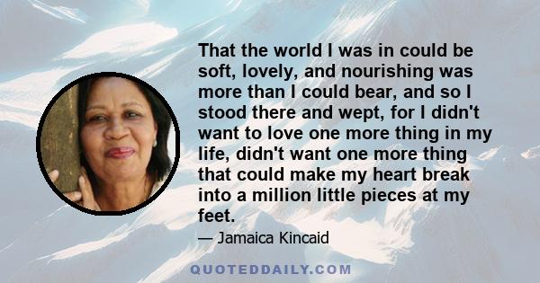 That the world I was in could be soft, lovely, and nourishing was more than I could bear, and so I stood there and wept, for I didn't want to love one more thing in my life, didn't want one more thing that could make my 