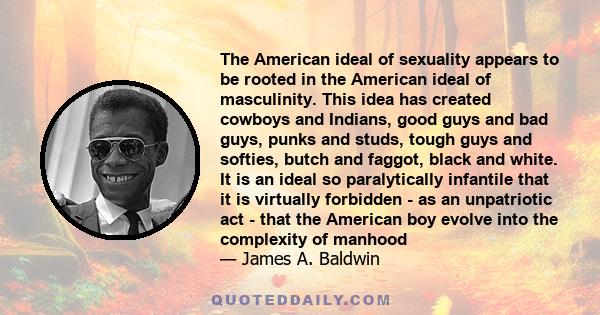 The American ideal of sexuality appears to be rooted in the American ideal of masculinity. This idea has created cowboys and Indians, good guys and bad guys, punks and studs, tough guys and softies, butch and faggot,