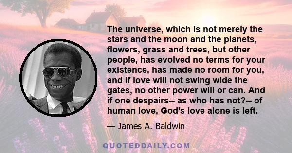 The universe, which is not merely the stars and the moon and the planets, flowers, grass and trees, but other people, has evolved no terms for your existence, has made no room for you, and if love will not swing wide