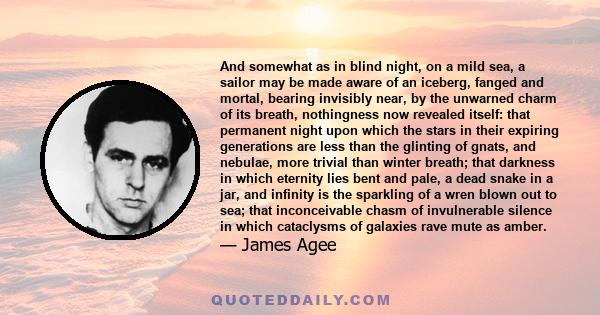 And somewhat as in blind night, on a mild sea, a sailor may be made aware of an iceberg, fanged and mortal, bearing invisibly near, by the unwarned charm of its breath, nothingness now revealed itself: that permanent