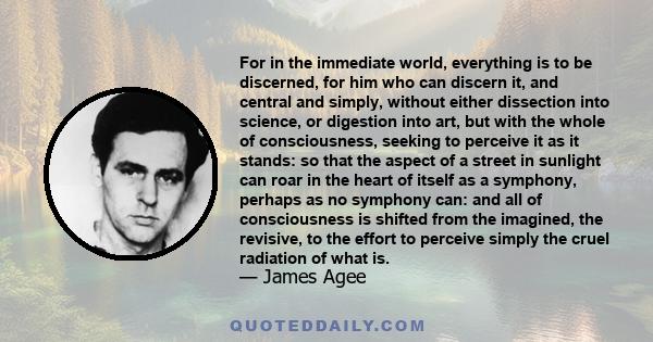 For in the immediate world, everything is to be discerned, for him who can discern it, and central and simply, without either dissection into science, or digestion into art, but with the whole of consciousness, seeking