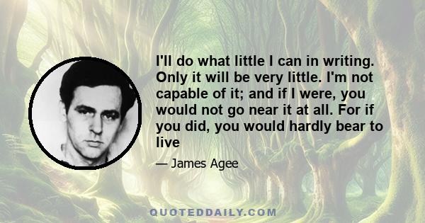 I'll do what little I can in writing. Only it will be very little. I'm not capable of it; and if I were, you would not go near it at all. For if you did, you would hardly bear to live