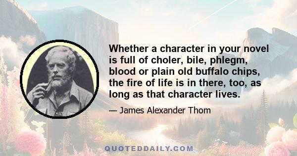 Whether a character in your novel is full of choler, bile, phlegm, blood or plain old buffalo chips, the fire of life is in there, too, as long as that character lives.