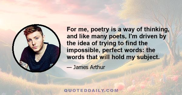 For me, poetry is a way of thinking, and like many poets, I'm driven by the idea of trying to find the impossible, perfect words: the words that will hold my subject.