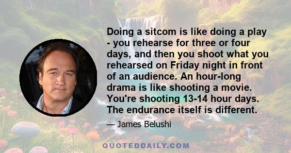 Doing a sitcom is like doing a play - you rehearse for three or four days, and then you shoot what you rehearsed on Friday night in front of an audience. An hour-long drama is like shooting a movie. You're shooting