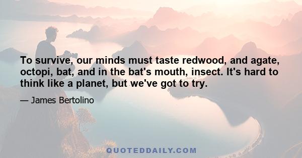 To survive, our minds must taste redwood, and agate, octopi, bat, and in the bat's mouth, insect. It's hard to think like a planet, but we've got to try.