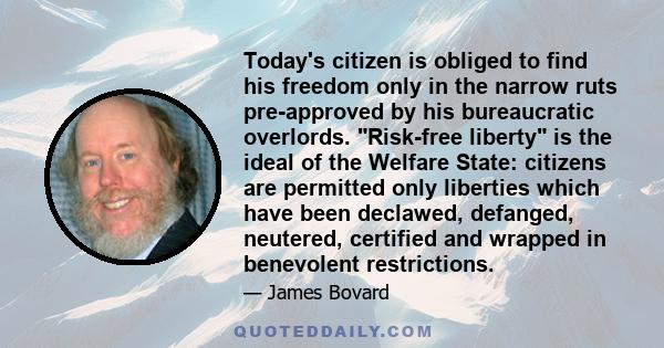 Today's citizen is obliged to find his freedom only in the narrow ruts pre-approved by his bureaucratic overlords. Risk-free liberty is the ideal of the Welfare State: citizens are permitted only liberties which have