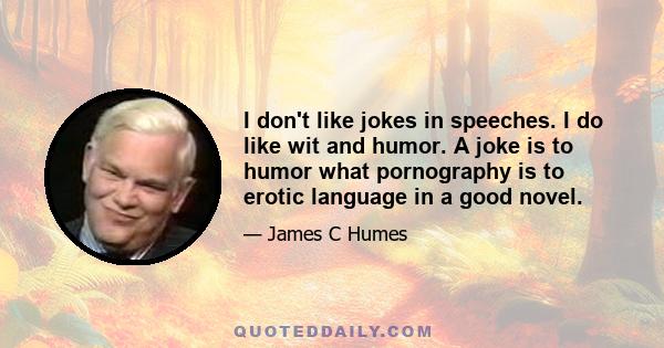 I don't like jokes in speeches. I do like wit and humor. A joke is to humor what pornography is to erotic language in a good novel.