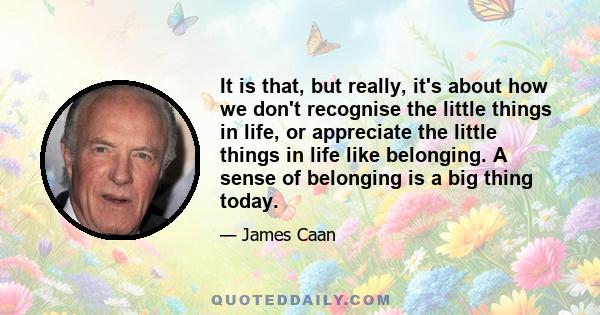 It is that, but really, it's about how we don't recognise the little things in life, or appreciate the little things in life like belonging. A sense of belonging is a big thing today.